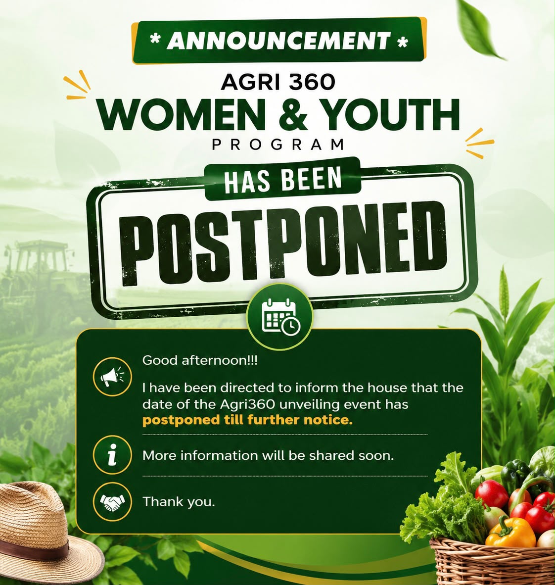 Agri360 Training Launch event flyer - Postponed, new date to be announced