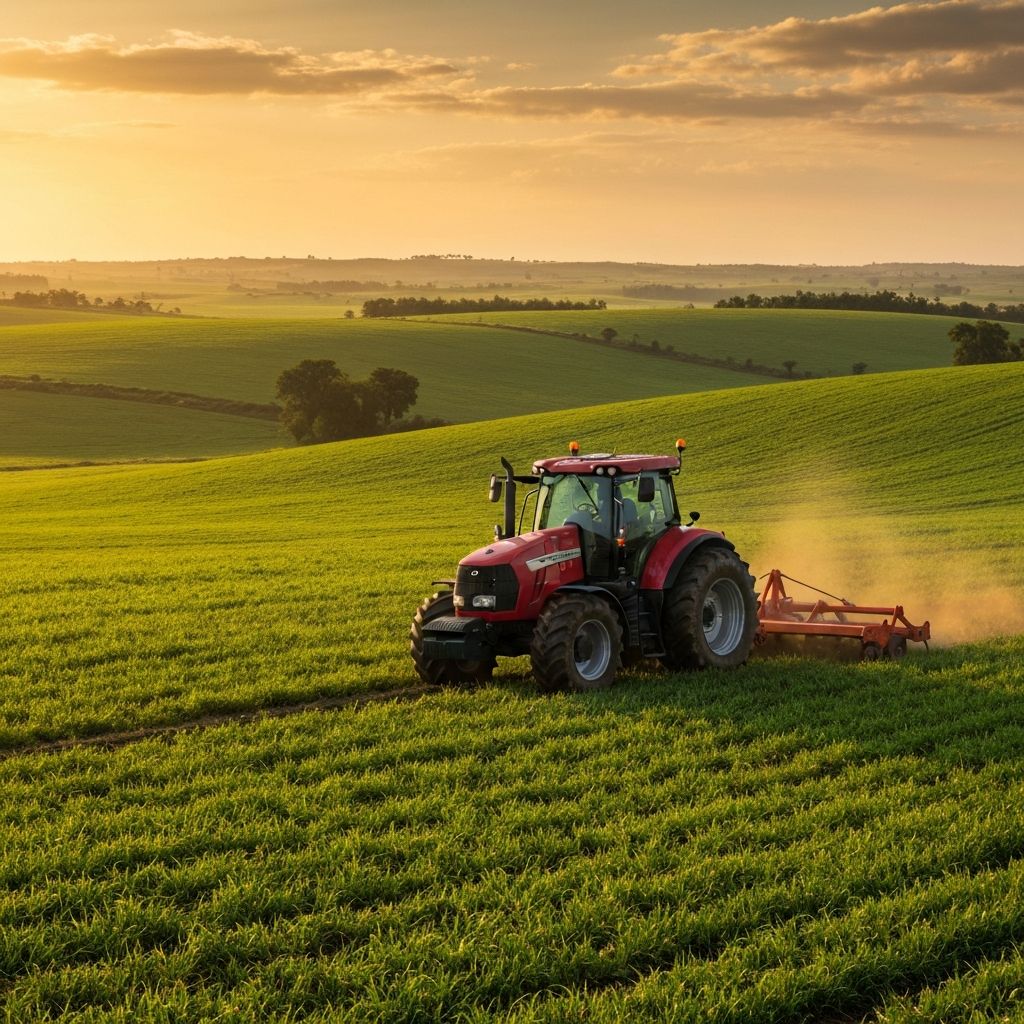 Red tractor working on farmland